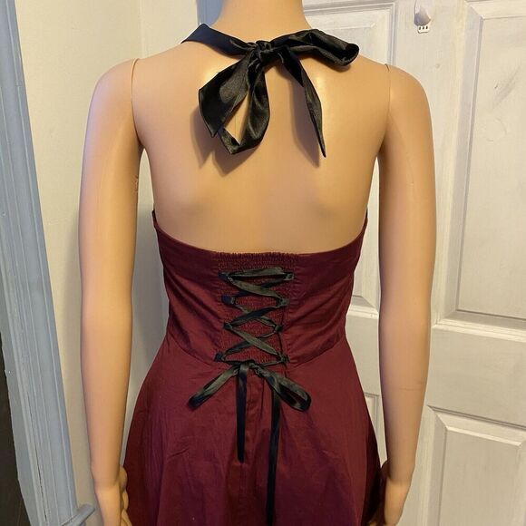 VTG 1980s Dressystar Milkmaid MidiDress MaroonBlack Goth Vamp Halter Strap Tie - Picture 10 of 12